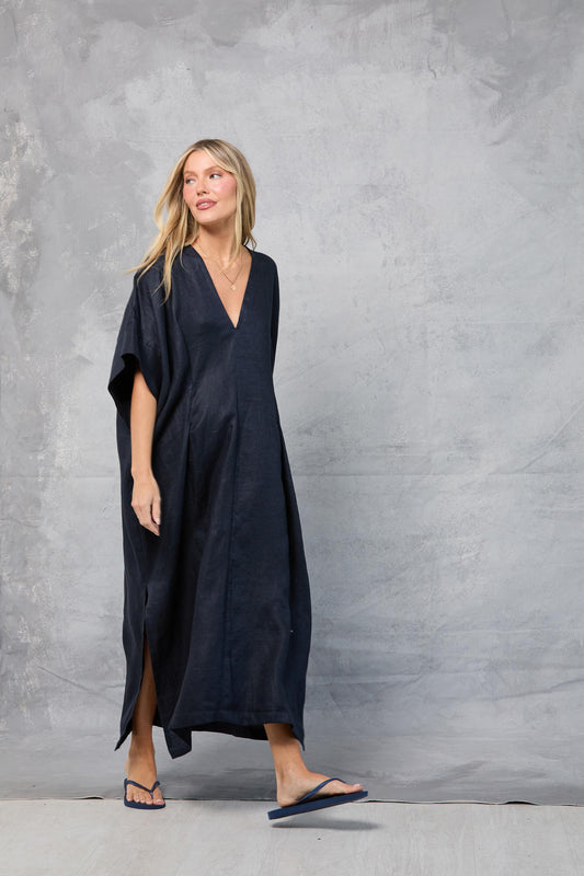 Throw on Dress in Linen - Navy